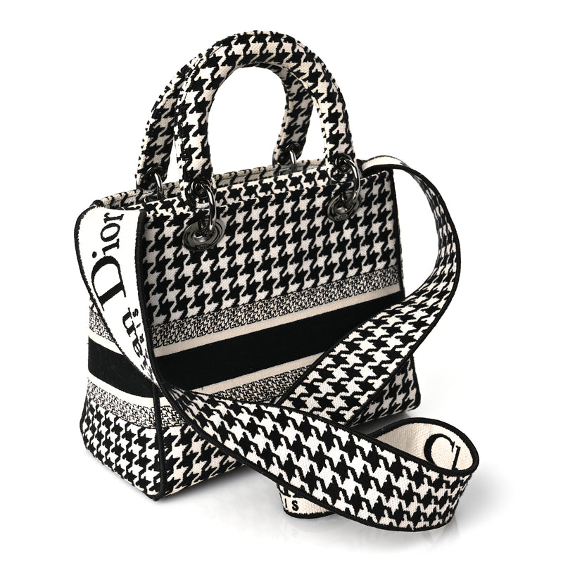 Christian Dior Canvas Houndstooth Embroidered Medium Lady D-Lite Black White