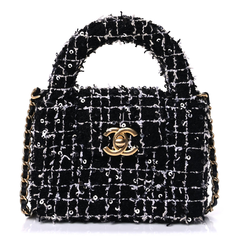  Chanel Tweed Quilted Mini Nano Kelly Shopper  Black White