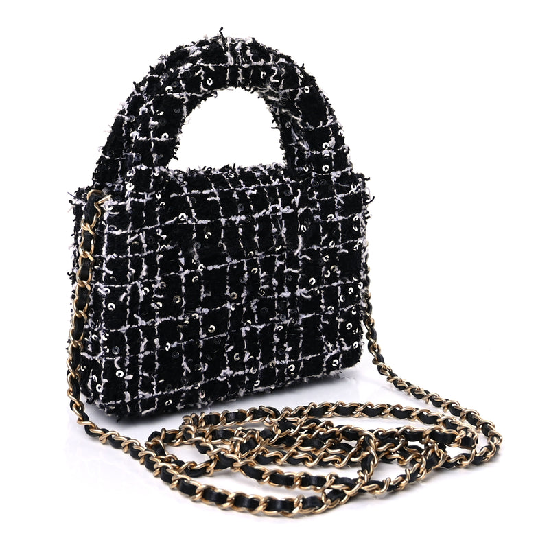 Chanel Tweed Quilted Mini Nano Kelly Shopper  Black White