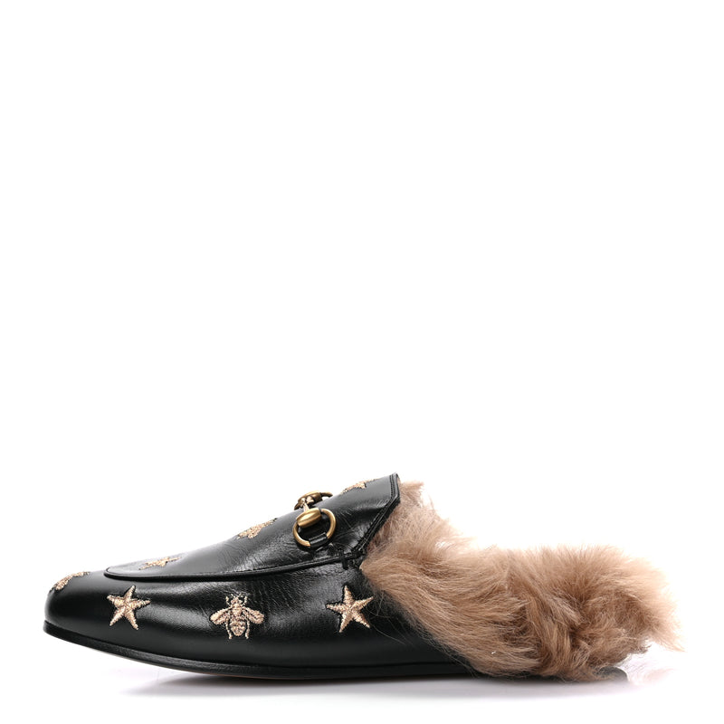  Gucci Goatskin Fur Bee Star Embroidered Womens Princetown Slippers 37