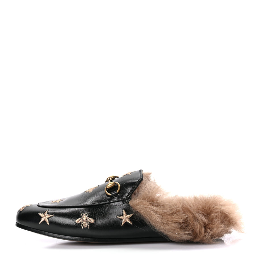 Gucci Goatskin Fur Bee Star Embroidered Womens Princetown Slippers 37 Image 1