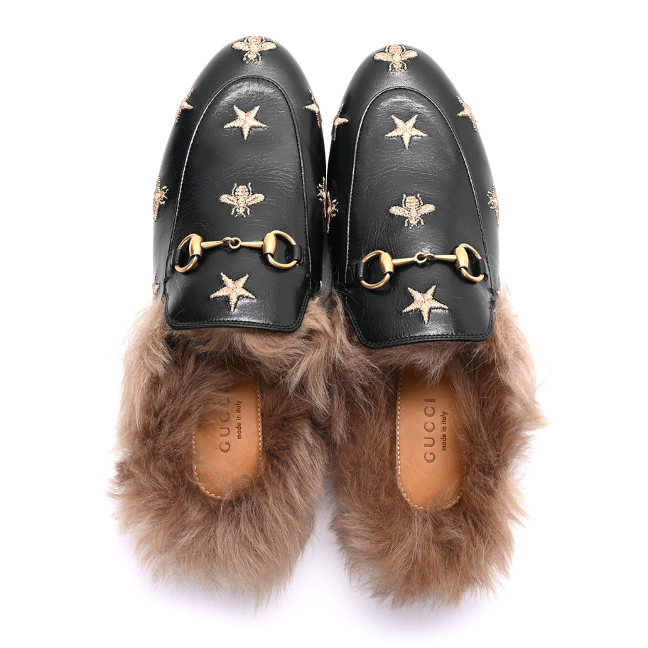 Gucci Goatskin Fur Bee Star Embroidered Womens Princetown Slippers 37 Image 3