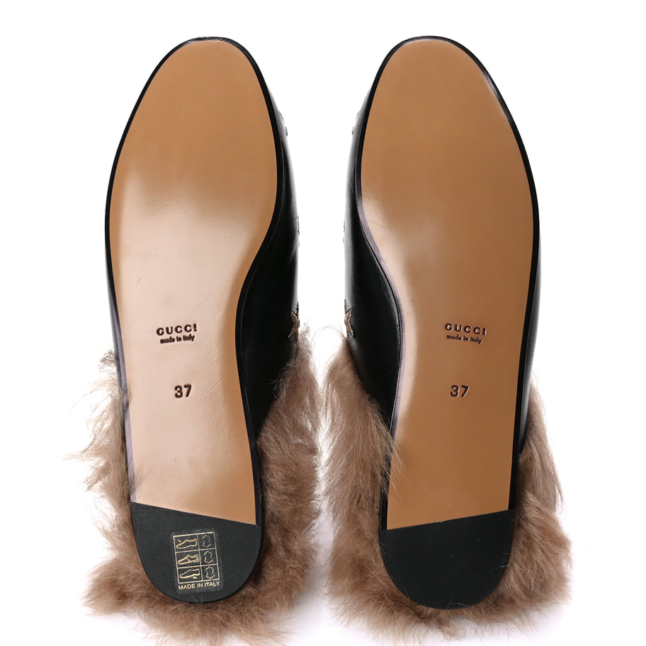 Gucci Goatskin Fur Bee Star Embroidered Womens Princetown Slippers 37 Image 4