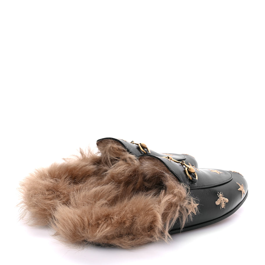 Gucci Goatskin Fur Bee Star Embroidered Womens Princetown Slippers 37 Image 5