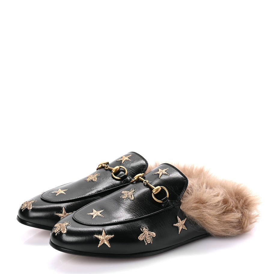 Gucci Goatskin Fur Bee Star Embroidered Womens Princetown Slippers 37 Image 6