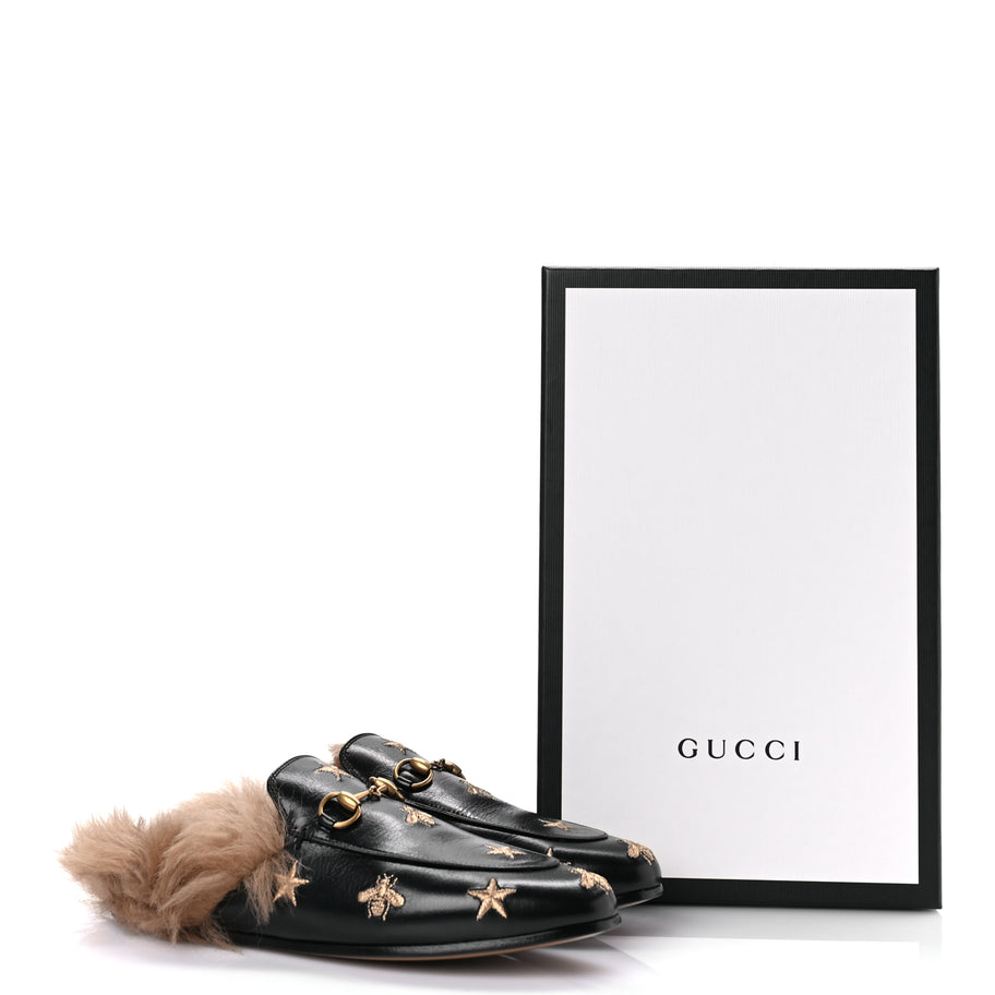 Gucci Goatskin Fur Bee Star Embroidered Womens Princetown Slippers 37 Image 9
