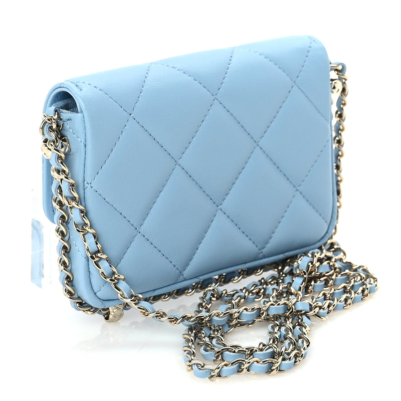  Chanel Lambskin Quilted CC Clutch With Chain Light Blue