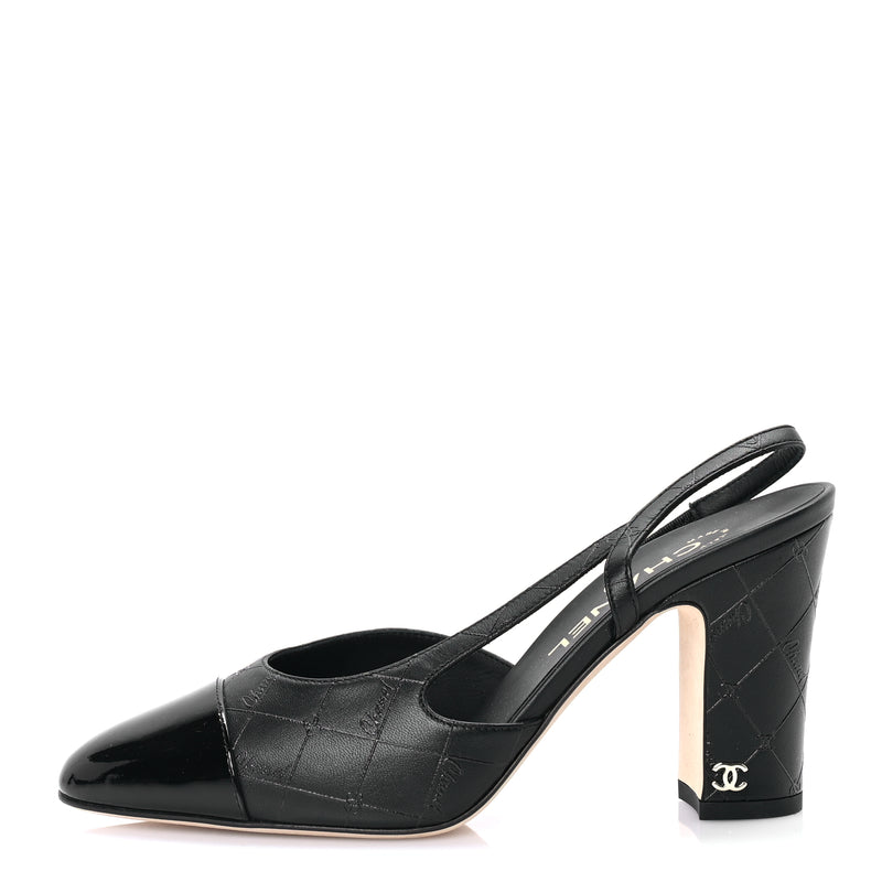  Chanel Lambskin Patent Calfskin Quilted Cap Toe Coco CC Slingback Pumps 37.5  Black