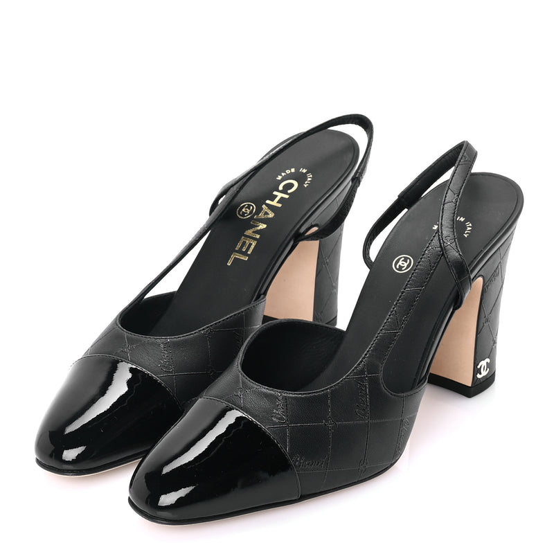  Chanel Lambskin Patent Calfskin Quilted Cap Toe Coco CC Slingback Pumps 37.5  Black