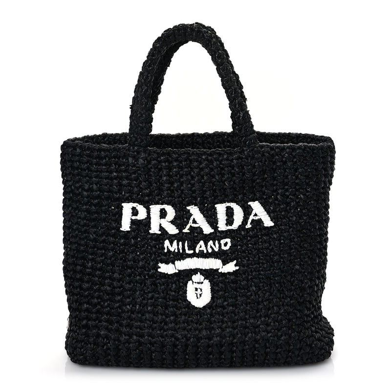  Prada Yarn Raffia Effect Crochet Small Logo Tote Black