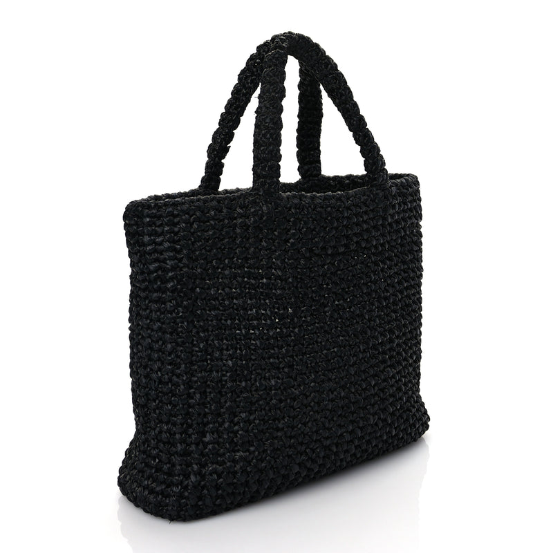  Prada Yarn Raffia Effect Crochet Small Logo Tote Black