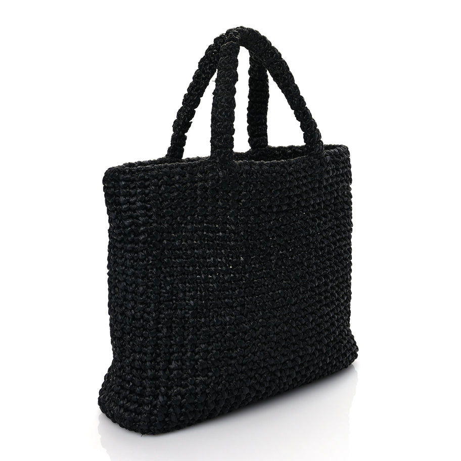 Prada Yarn Raffia Effect Crochet Small Logo Tote Black Image 2