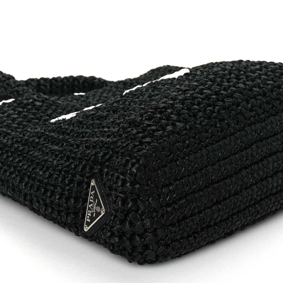 Prada Yarn Raffia Effect Crochet Small Logo Tote Black Image 7