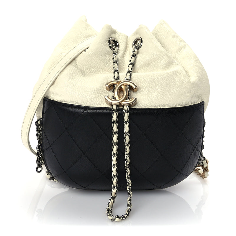  Chanel Aged Calfskin Quilted Small Gabrielle Bucket White Black