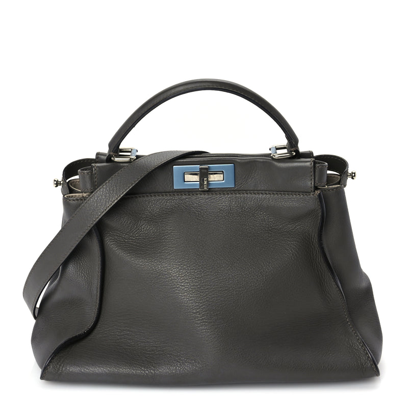  Fendi Vitello Seta Shiny Nappa Medium Peekaboo Iconic Satchel  Carbone Grigio Polvere