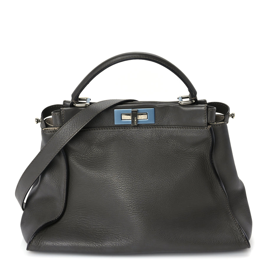 Fendi Vitello Seta Shiny Nappa Medium Peekaboo Iconic Satchel  Carbone Grigio Polvere Image 1