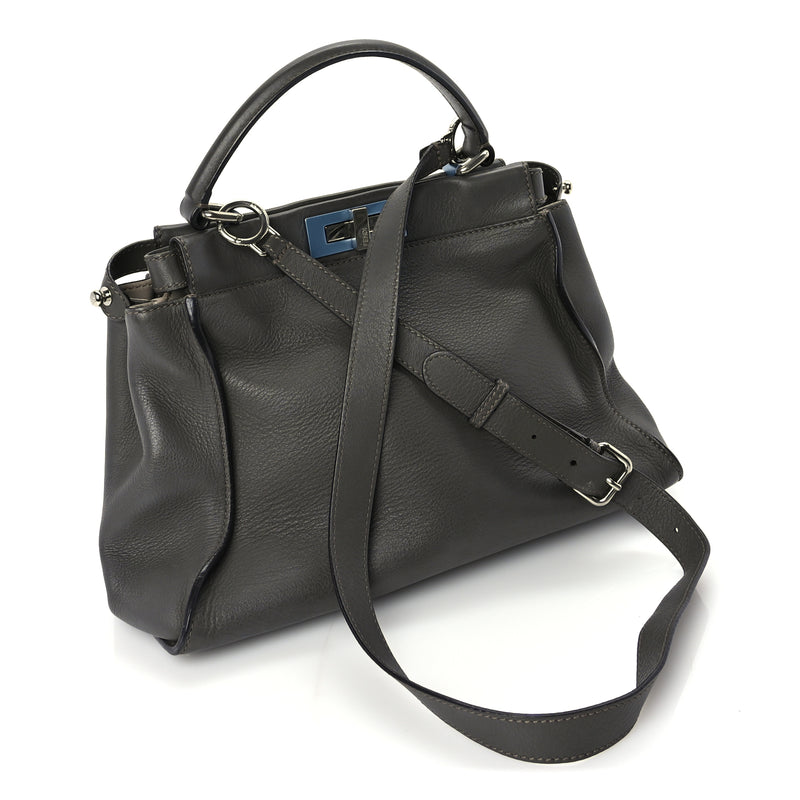  Fendi Vitello Seta Shiny Nappa Medium Peekaboo Iconic Satchel  Carbone Grigio Polvere