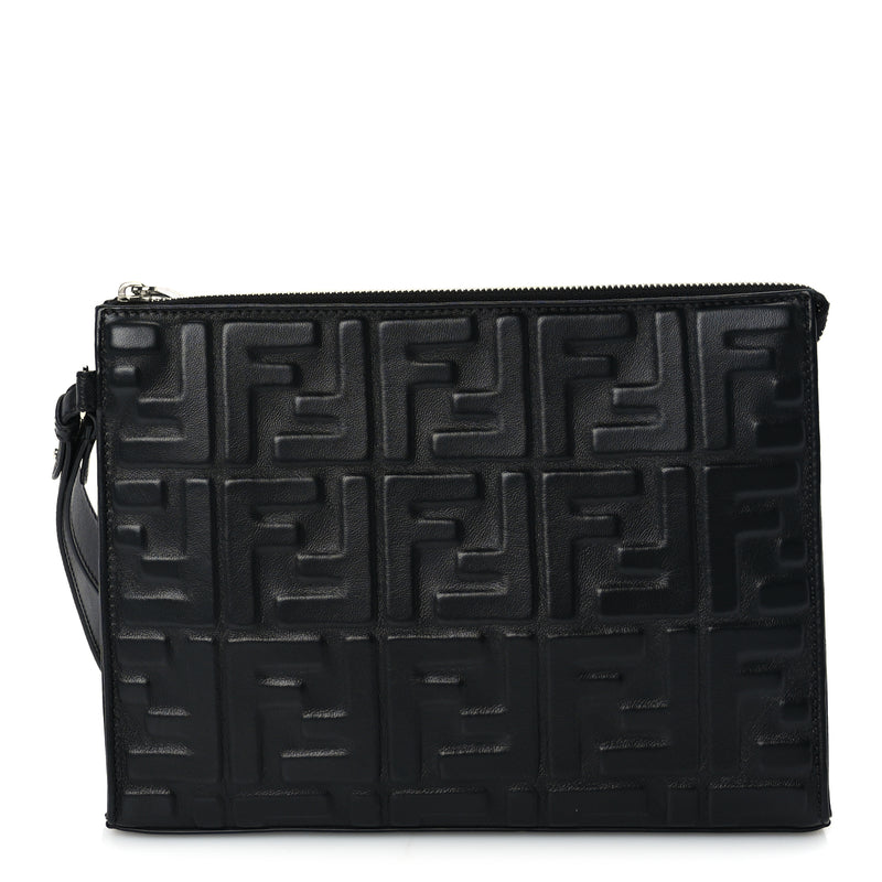  Fendi Vitello Grace FF 1974 Embossed Flat Pouch  Black