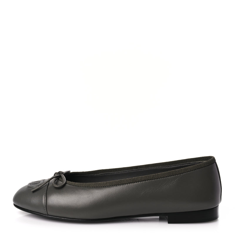  Chanel Lambskin Cap Toe CC Ballerina Flats 37 Dark Grey
