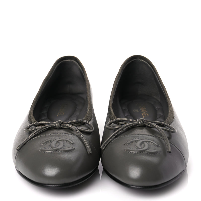  Chanel Lambskin Cap Toe CC Ballerina Flats 37 Dark Grey
