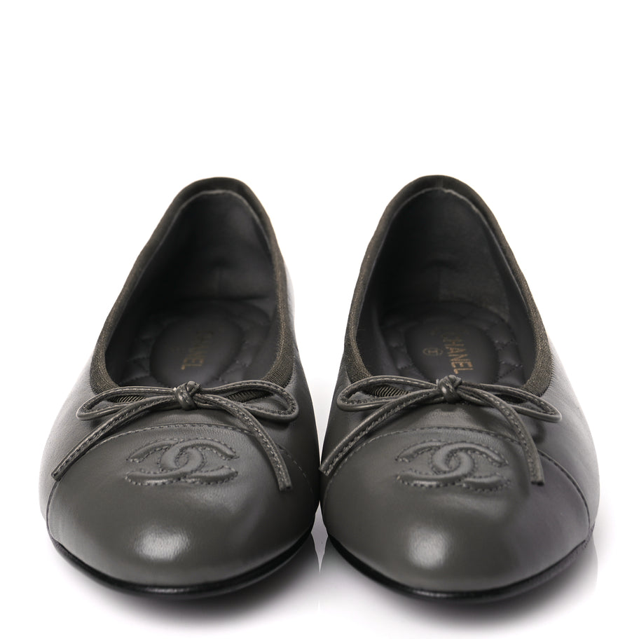 Chanel Lambskin Cap Toe CC Ballerina Flats 37 Dark Grey Image 2