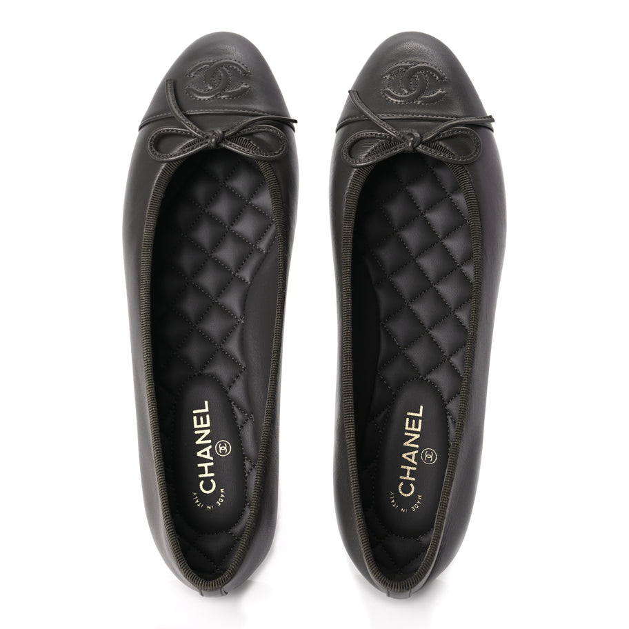 Chanel Lambskin Cap Toe CC Ballerina Flats 37 Dark Grey Image 7