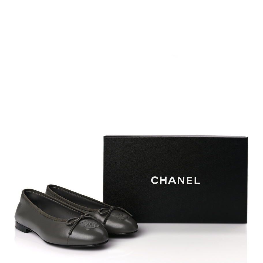 Chanel Lambskin Cap Toe CC Ballerina Flats 37 Dark Grey Image 9