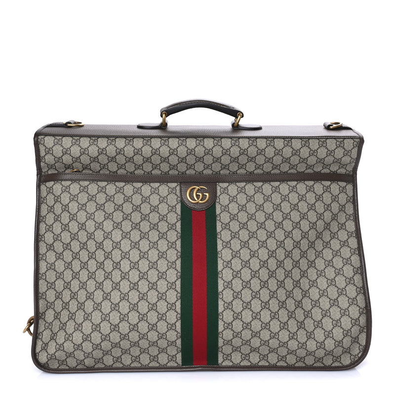  Gucci GG Supreme Monogram Textured Dollar Calfskin Web Ophidia Savoy Garment Bag Beige Ebony New Acero