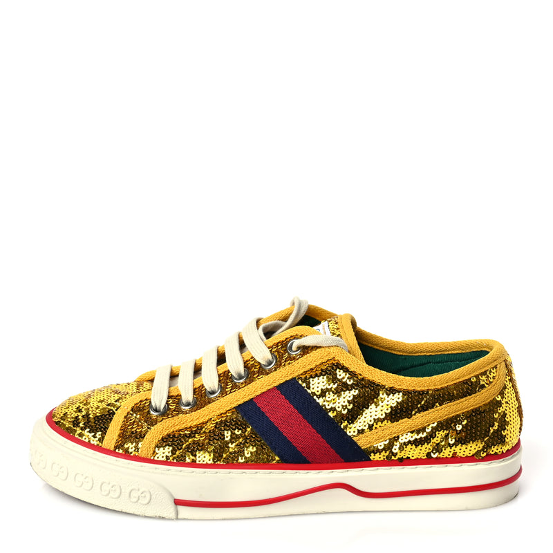  Gucci Sequin Web Matelasse Womens 1977 Tennis Sneakers 36 Gold Yellow