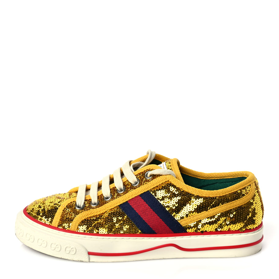 Gucci Sequin Web Matelasse Womens 1977 Tennis Sneakers 36 Gold Yellow Image 1