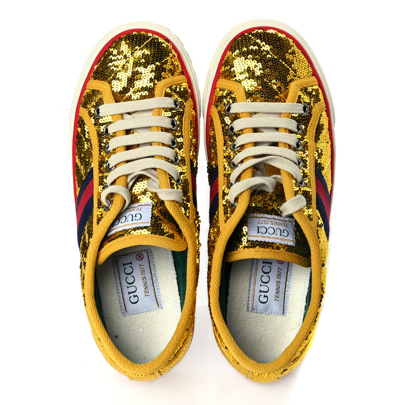  Gucci Sequin Web Matelasse Womens 1977 Tennis Sneakers 36 Gold Yellow