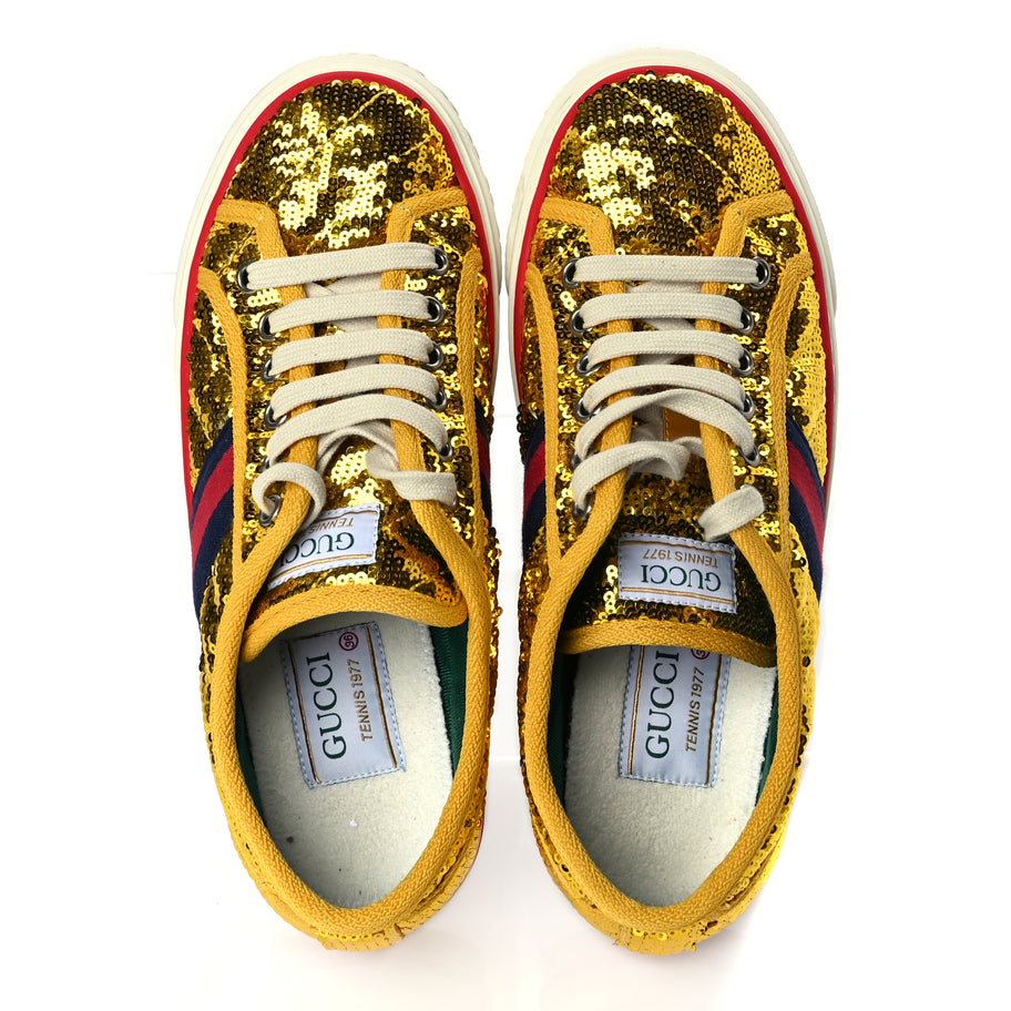 Gucci Sequin Web Matelasse Womens 1977 Tennis Sneakers 36 Gold Yellow Image 2
