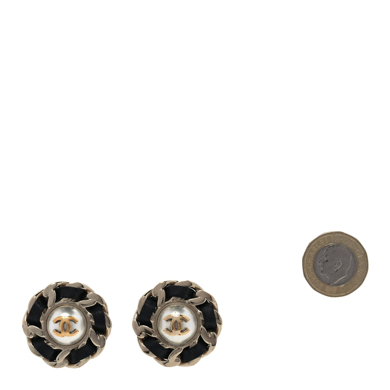  Chanel Pearl Lambskin Chain Around CC Earrings  Gold Black