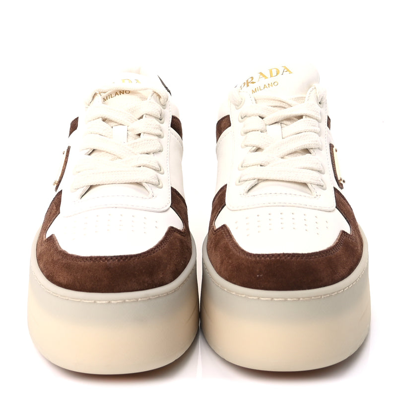  Prada Suede Nappa Triangle Womens Downtown Platform Low Top Sneakers 37.5 White Cocoa Brown