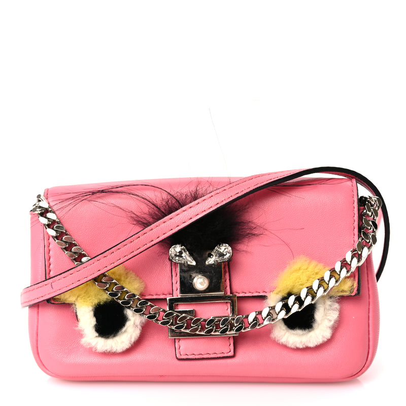  Fendi Nappa Rabbit Fox Fur Micro Buggie Baguette Rosa Fluo Multicolor
