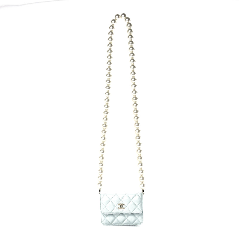  Chanel Lambskin Mini Maxi Pearls Wallet On Chain WOC Light Blue