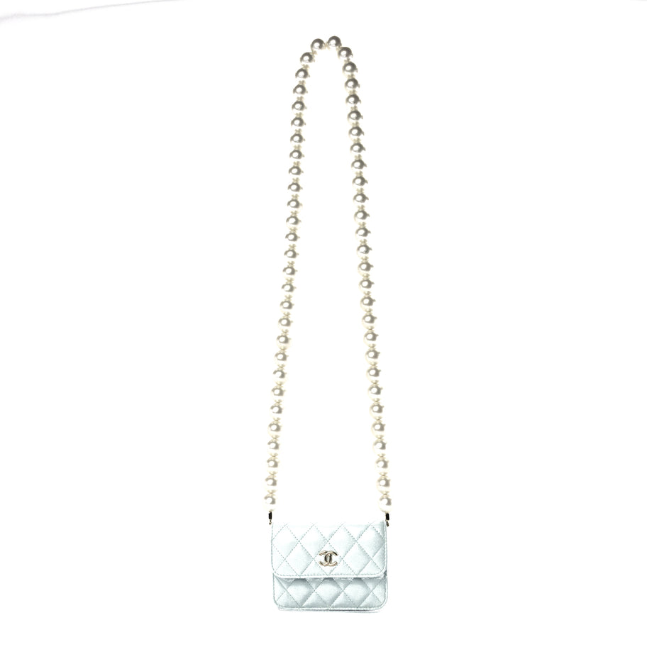 Chanel Lambskin Mini Maxi Pearls Wallet On Chain WOC Light Blue Image 1