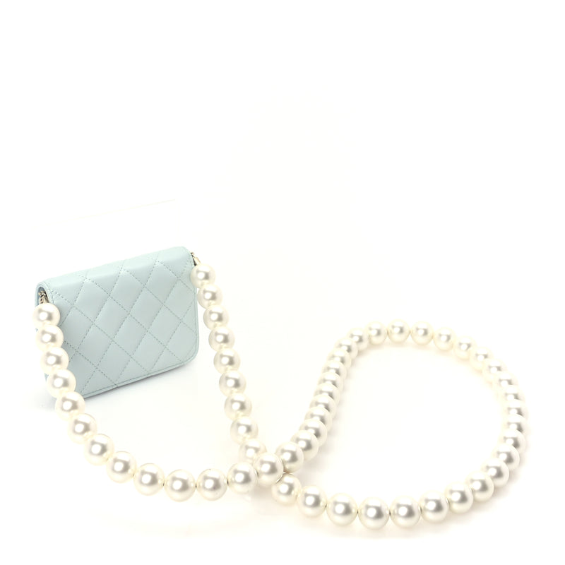  Chanel Lambskin Mini Maxi Pearls Wallet On Chain WOC Light Blue