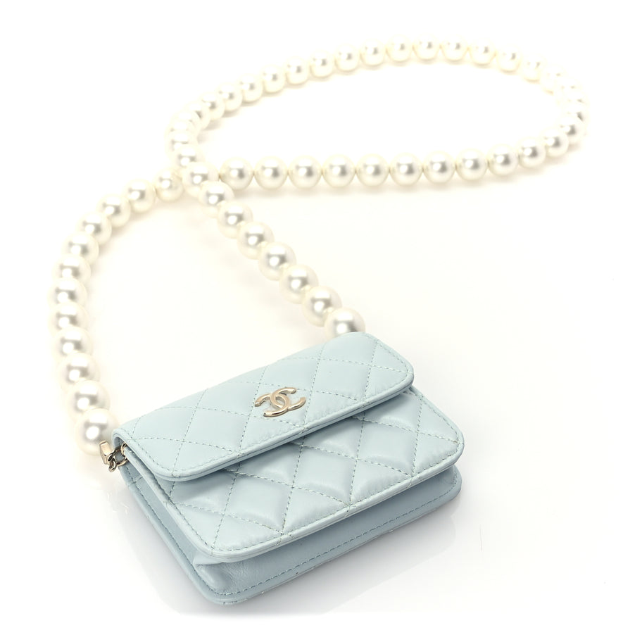 Chanel Lambskin Mini Maxi Pearls Wallet On Chain WOC Light Blue Image 3