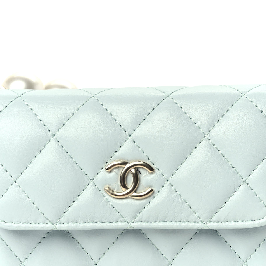 Chanel Lambskin Mini Maxi Pearls Wallet On Chain WOC Light Blue Image 7
