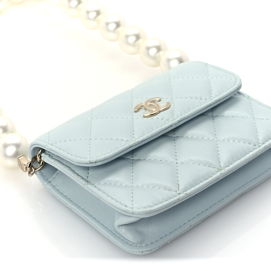 Chanel Lambskin Mini Maxi Pearls Wallet On Chain WOC Light Blue Image 8