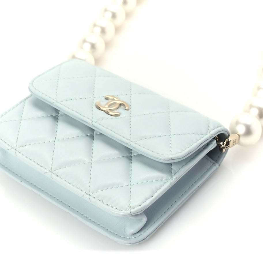 Chanel Lambskin Mini Maxi Pearls Wallet On Chain WOC Light Blue Image 9