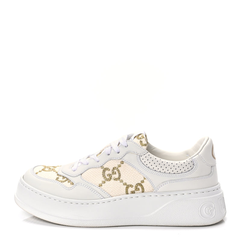  Gucci Dali Soft Calfskin GG Tennis Embossed Perforated Womens Platform 55mm Sneakers White Gold