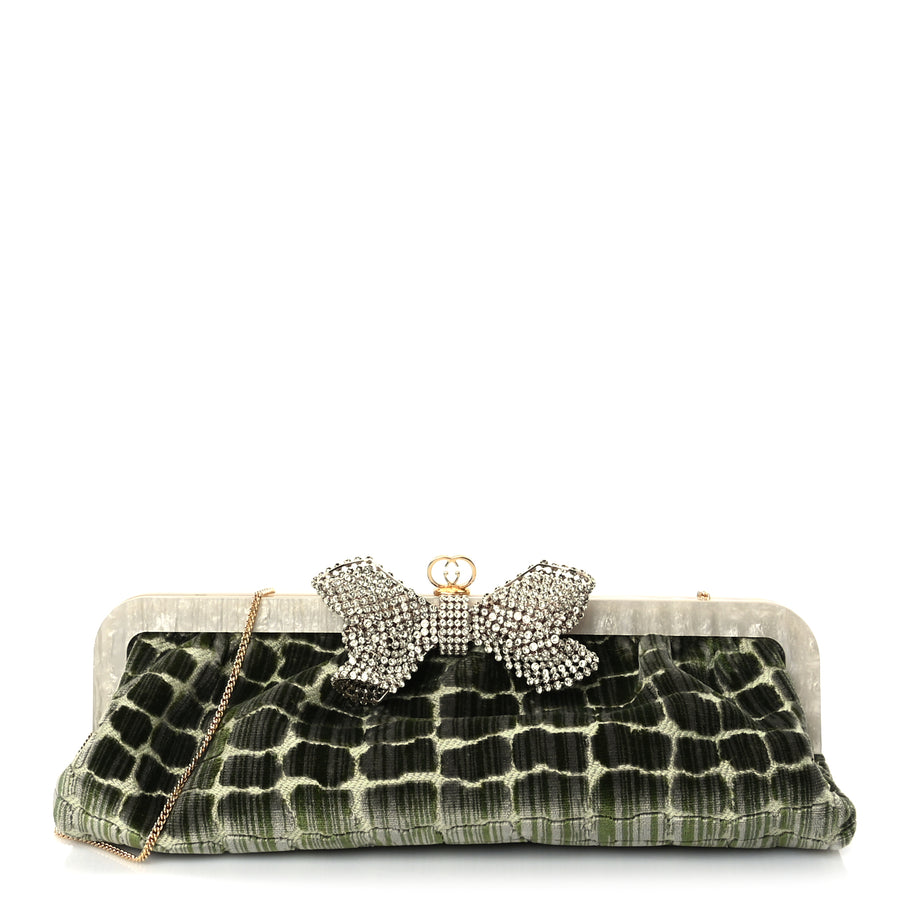 Gucci Velvet Crocodile Mother of Pearl Jacquard Crystal Bow Clutch Green Image 1