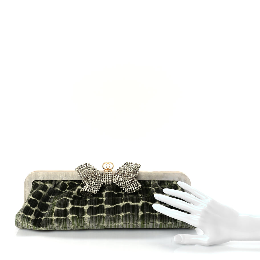 Gucci Velvet Crocodile Mother of Pearl Jacquard Crystal Bow Clutch Green Image 2