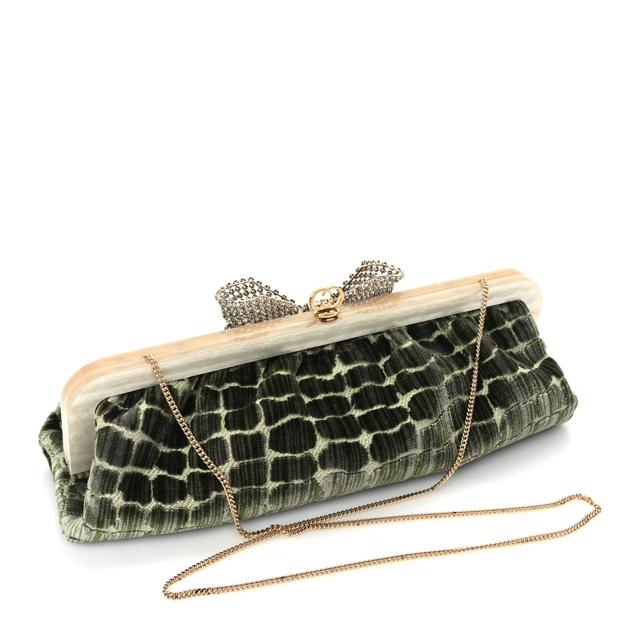 Gucci Velvet Crocodile Mother of Pearl Jacquard Crystal Bow Clutch Green Image 3