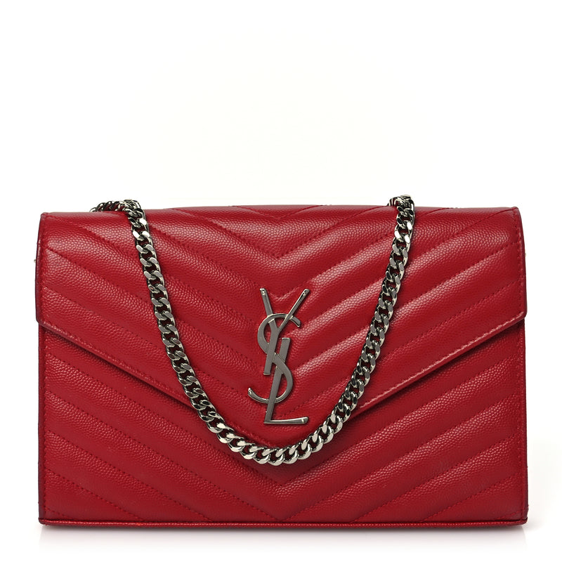  Saint Laurent Grain De Poudre Matelasse Chevron Monogram Chain Wallet New Red