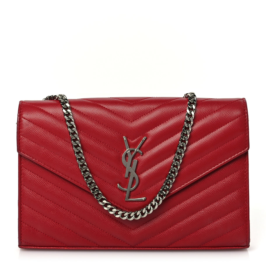 Saint Laurent Grain De Poudre Matelasse Chevron Monogram Chain Wallet New Red Image 1