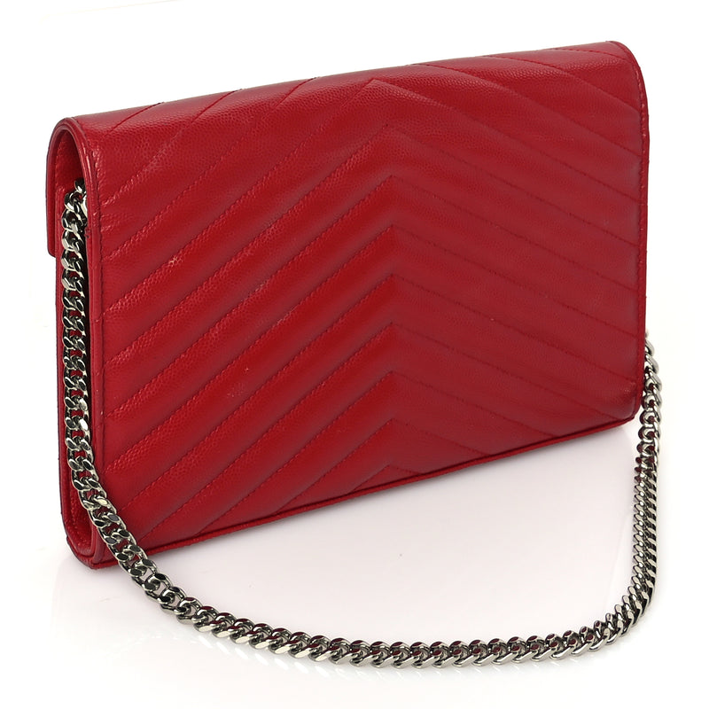  Saint Laurent Grain De Poudre Matelasse Chevron Monogram Chain Wallet New Red