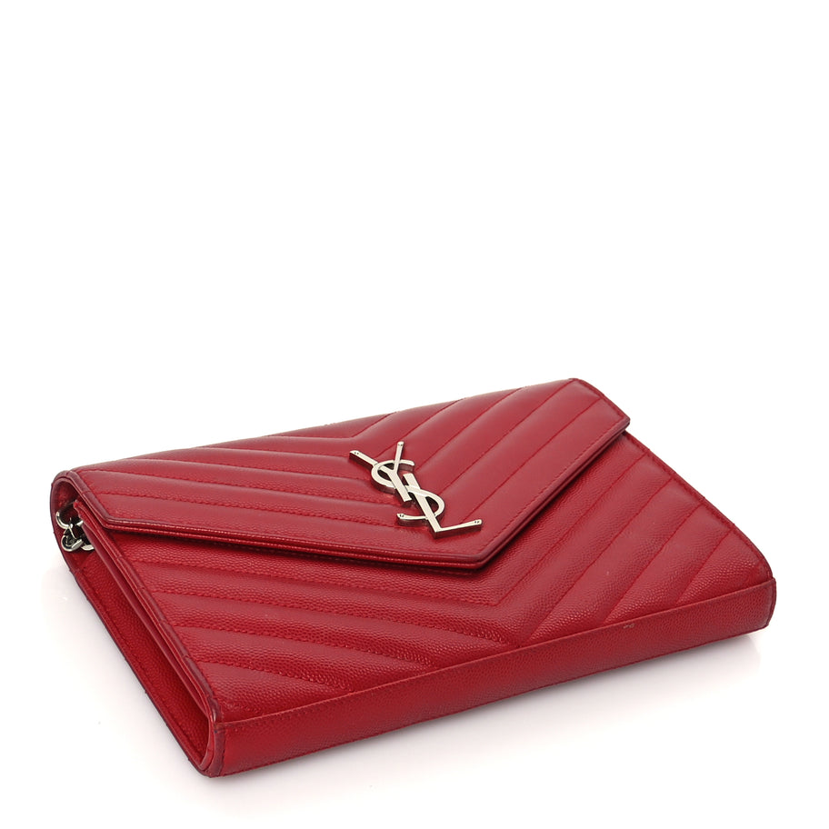 Saint Laurent Grain De Poudre Matelasse Chevron Monogram Chain Wallet New Red Image 3